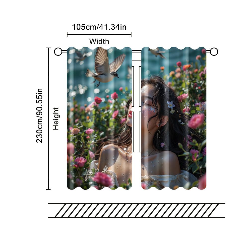 2 Pcs   Filtering Curtains (excluding Rods   Non-movable   Without Batteries) Floral Woman for Use In Bedrooms and Living Rooms