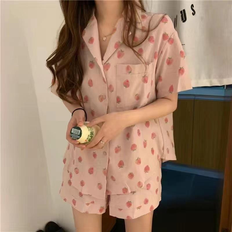 Pajamas Women Summer Cartoon Cute Bear Short Sleeve Nightwear Loungewear Set Ladies Cardigan Striped Plaid Short Sleepwear