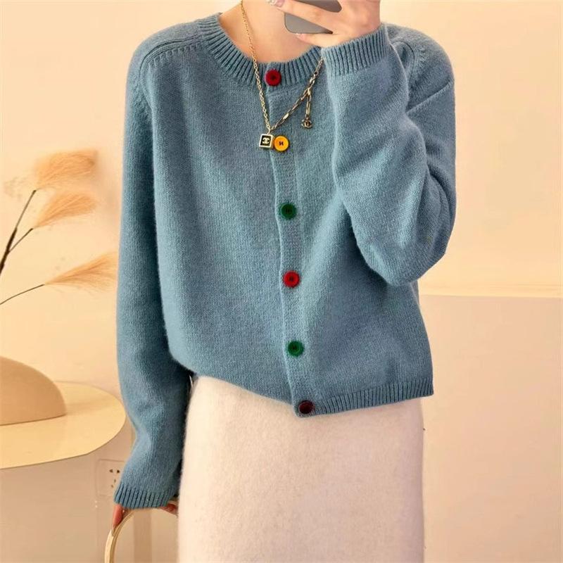 Sweet and Fresh Round Neck Colorful Button Knitwear Coat Academy Style Western Versatile Sweater Women's Cardigan