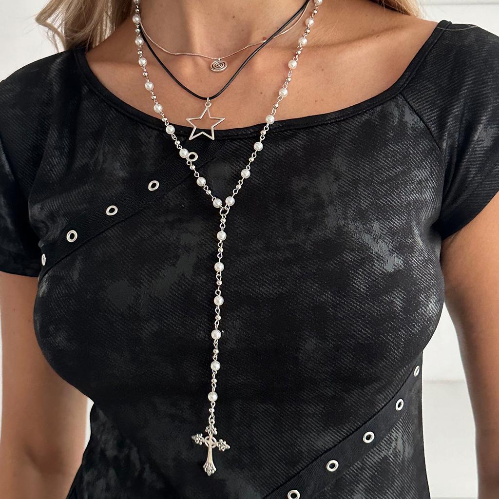 Hip-Hop Imitationspärlkedja Långt Halsband, Personlig Femuddig Stjärna Kors Hänge Staplat Halsband