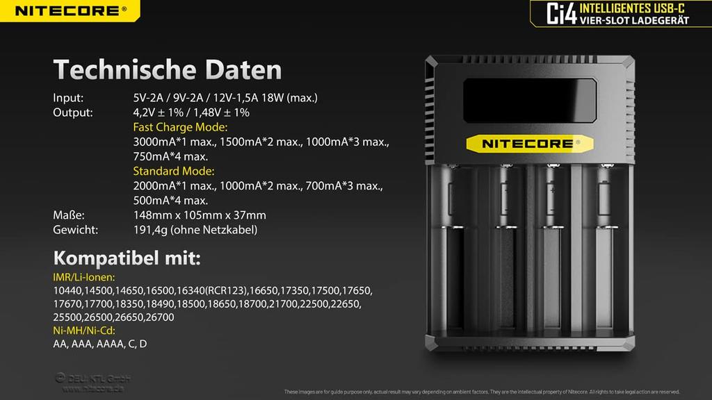 Nitecore Ci4 Vier-Schlitz USB-C Smart Charger für Li-Ion, Ni-Cd und NiMH Akkus
