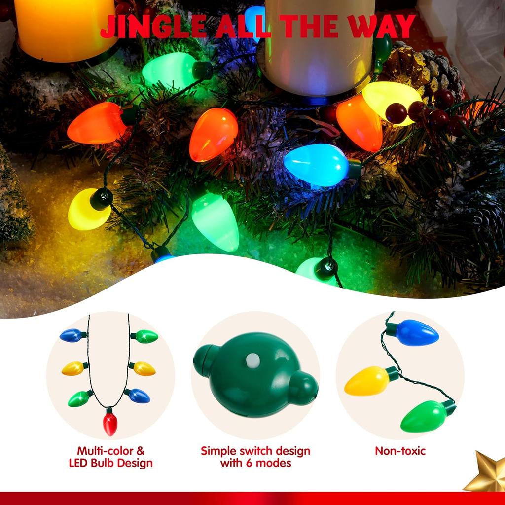 JOYFY 6 Packs Christmas LED Light Up Bulb Necklaces 9 Bulbs LED Necklace Holiday Xmas Costume Accessories for Christmas Party