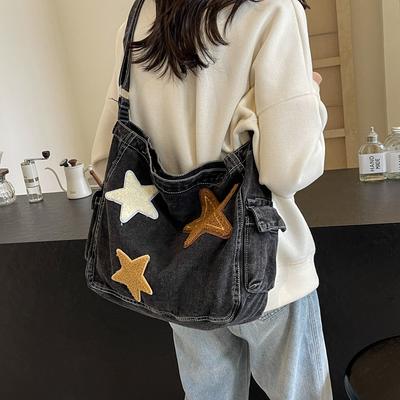Large Capacity Denim Bag Women's Shoulder Bag Commuter Tote Bag Star Print Crossbody Bag