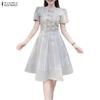ZANZEA Women Casual Round Neck Short Sleeve Print Dress