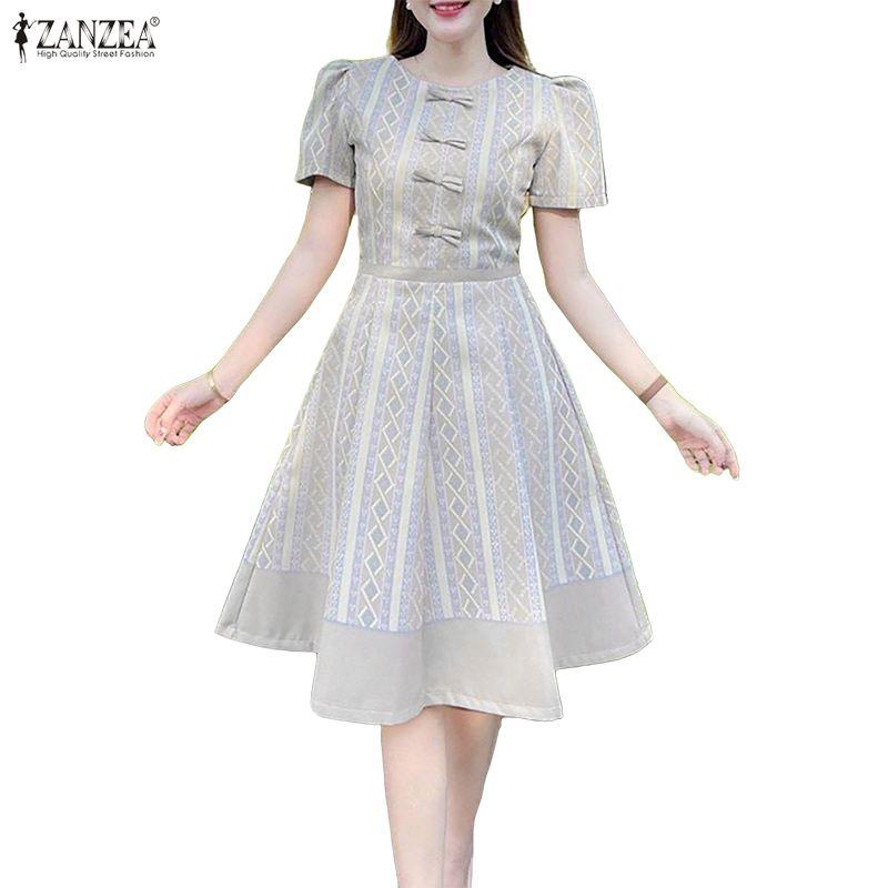 ZANZEA Women Casual Round Neck Short Sleeve Print Dress