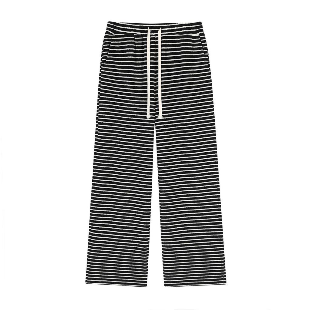 Women's High Waist Striped Terry Cloth Wide Leg Pants - Plus Size, Spring Slimming Draping, Style 63158