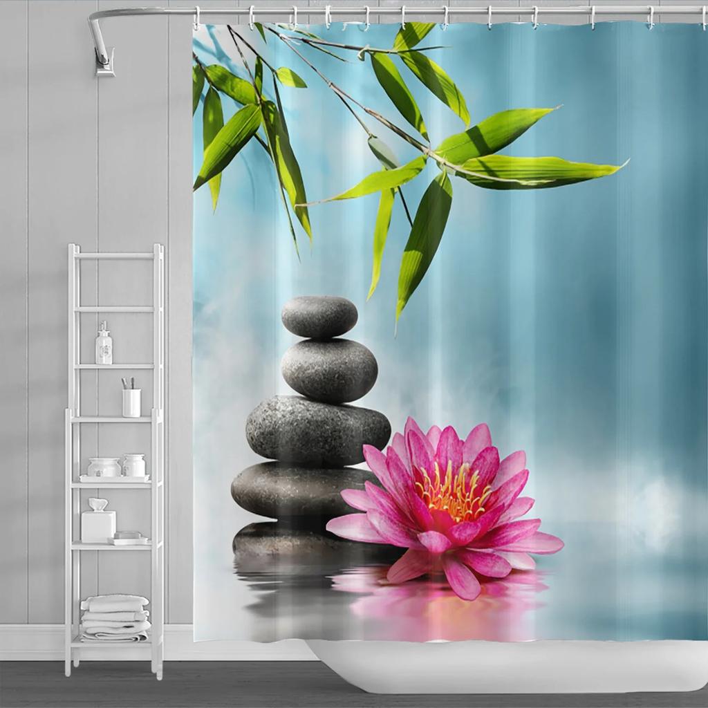 Rural Landscape Shower Curtains Creek Stone Lotus Buddha Bath Curtain Natural Scenery Waterproof Bathroom Home Decor With Hooks