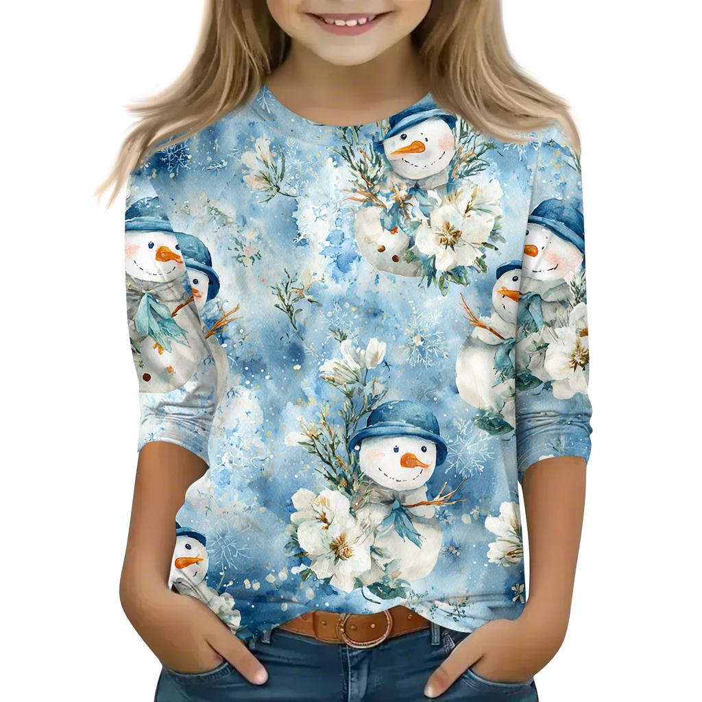 Vánoční potisk Topů pro dospívající dívky 4-11 let Kulatý výstřih 3/4 rukávy Módní topy Outfit Trička