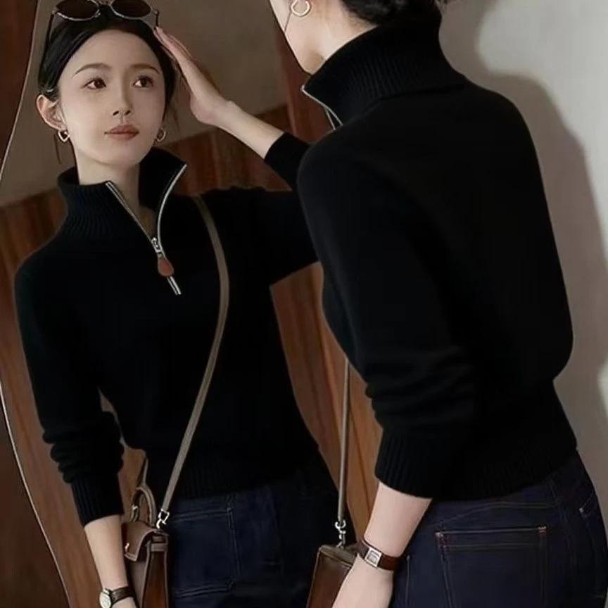 Women's Half-Zip High-Neck Slimming Knit Sweater - Fashionable Long-Sleeved Base Layer Top