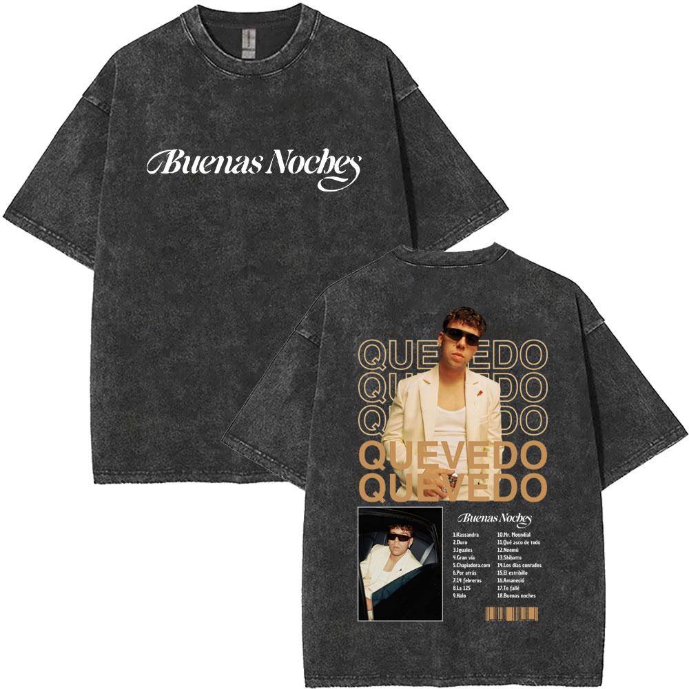 

Washed Vintage QUEVEDO BUENAS NOCHES LATAM TOUR Tshirts Men Women Fashion Hip Hop Oversized Tshirt Casual Retro T Shirts S