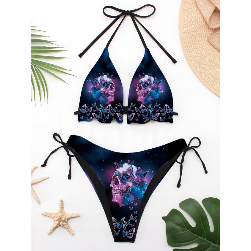 Zebra Streep Driehoek Bikini Set Knoopsluiting Hoge Uitsnijding Twee Delig Zwempak