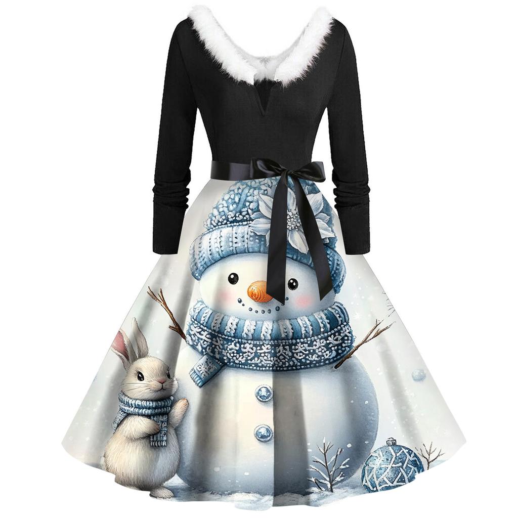 Christmas Print Flare Dress For Women Long Sleeve Dress Hollow Party Casual Dresses