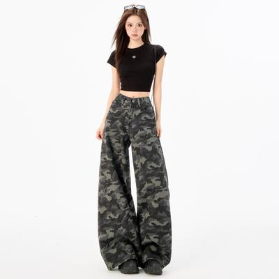 Women Y2K Streetwear Wide Leg Denim Pants Camouflage Jeans Sense Vintage High Waisted Straight Denim Trouser