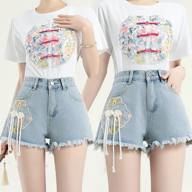 Neuer Chinesischer Stil Nationaler Stil Denim Shorts Damen Sommer Mode Personalisierte Stickerei Nationale Mode A-Linie Hotpants