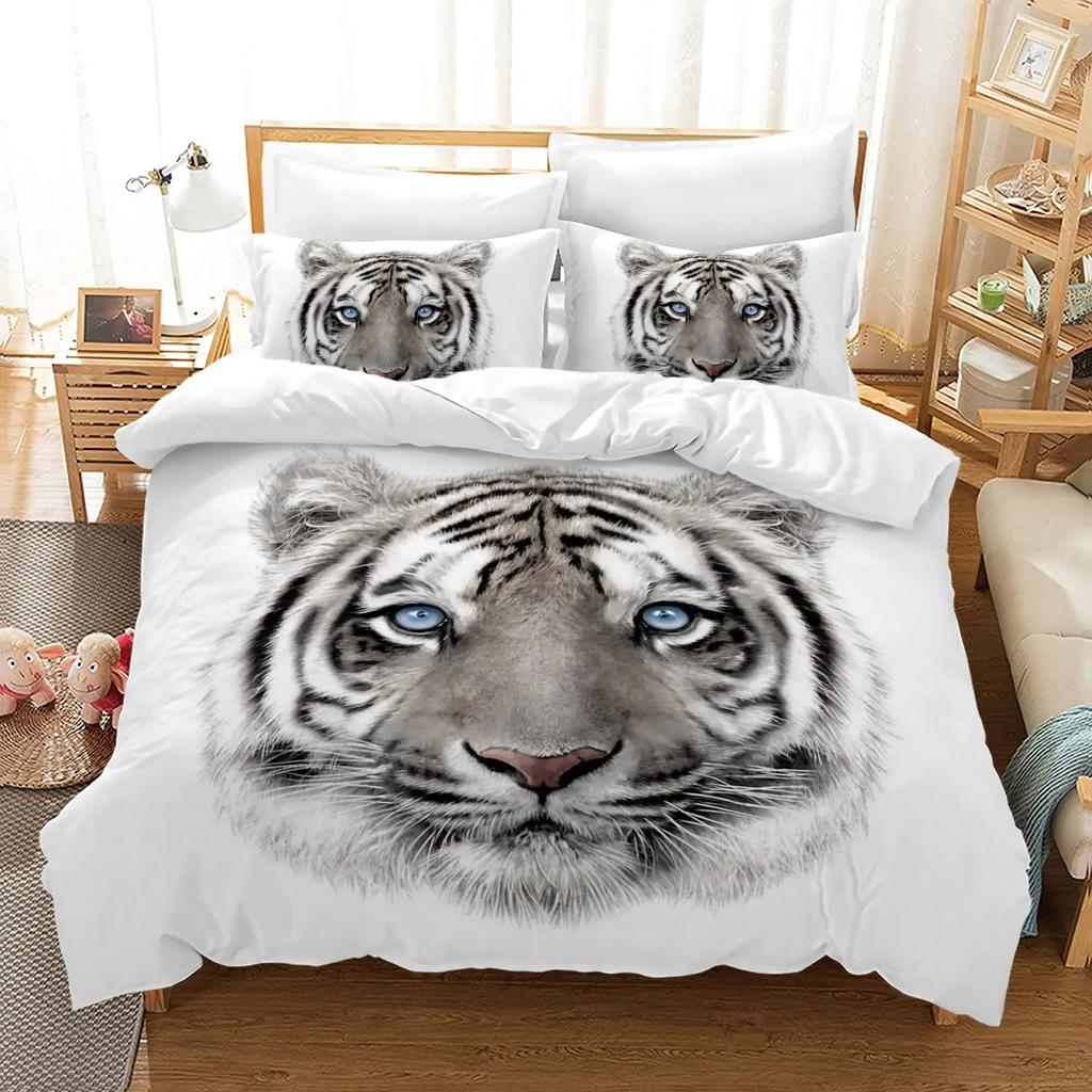 White Tiger Red Rose King Queen Duvet Cover Africa Big Cat 3D Polyester Bedding Set for Adult Teen