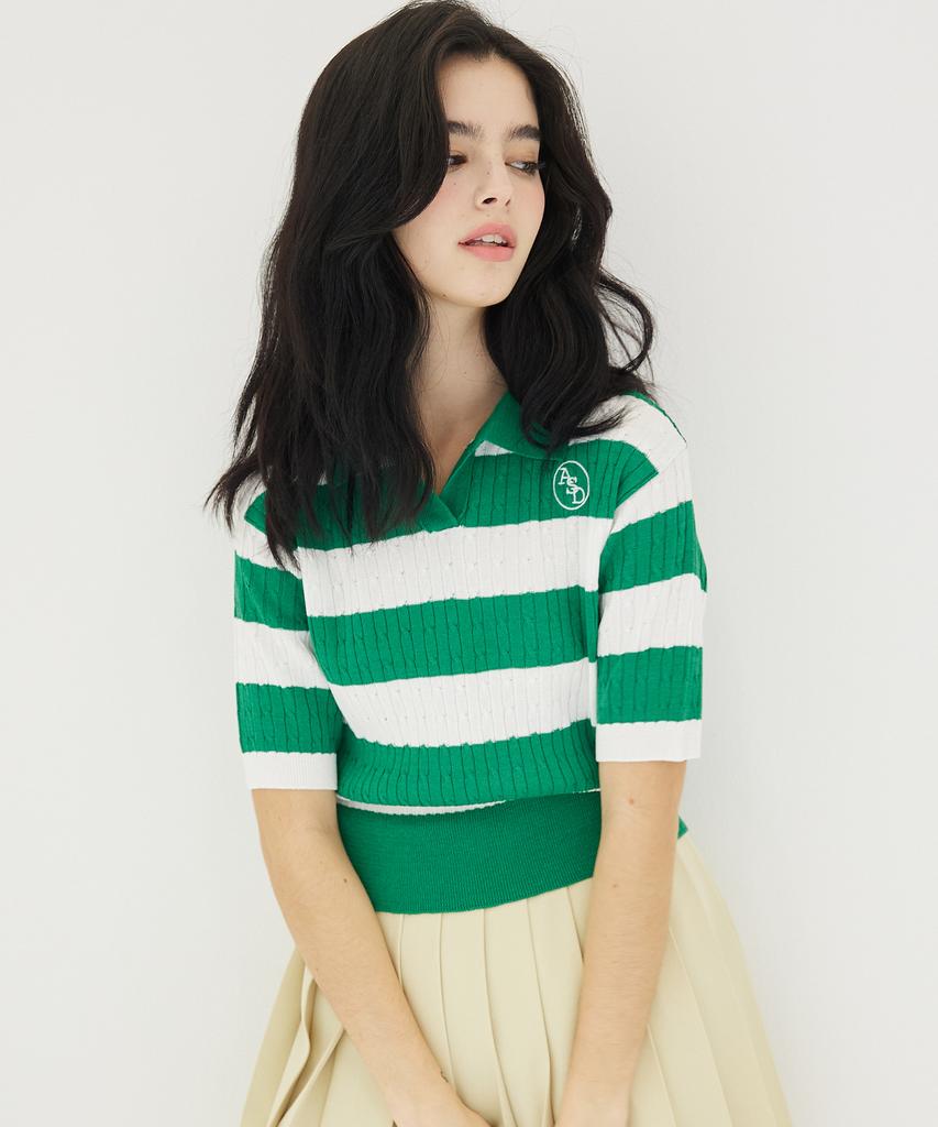 AWESOME STUDIO Striped Cable Collar Knit Green