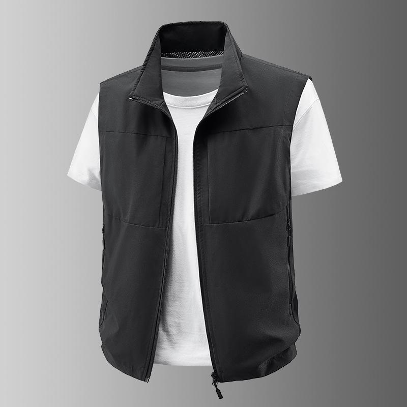 Sommer Herrenweste Outdoor Mesh Dünne Stehkragenjacke Sport Schnelltrocknende Weste Angeln Pferdeclip Schulter XL