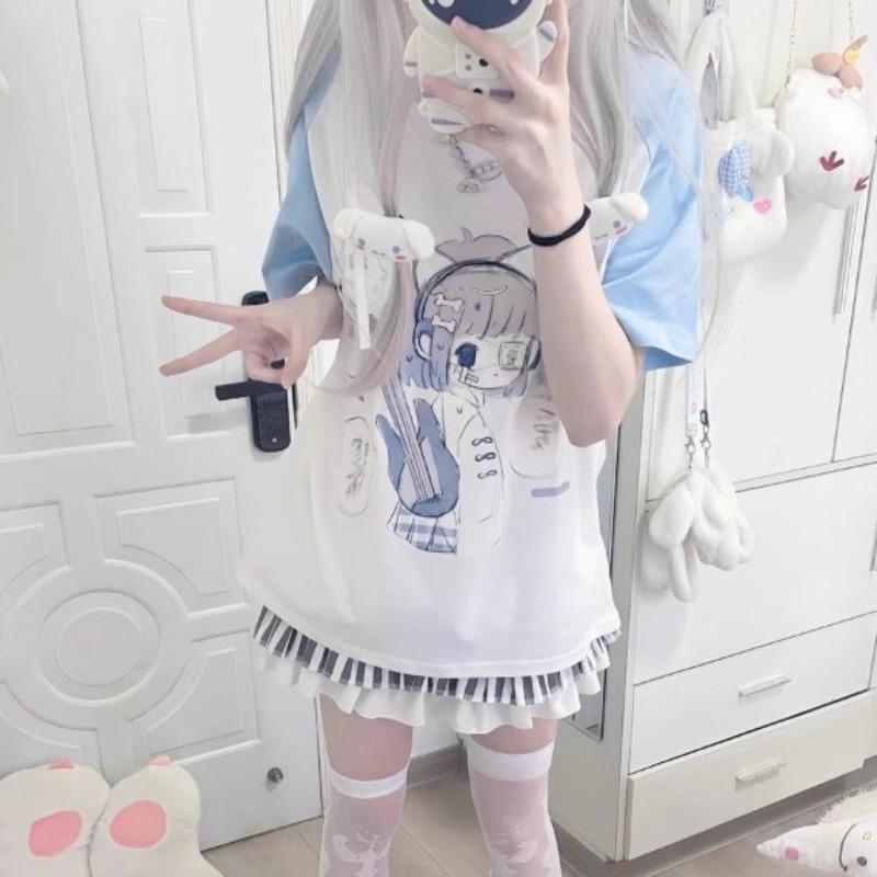 

Японская футболка Kawii Sweet, летняя новая свободная блузка в стиле пэчворк, женская повседневная рубашка с коротким рукавом, модная одежда для активного отдыха M