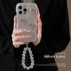 3D Cute Bling Glitter Love Heart Electroplated Phone Case with Bead Bracelet for iPhone 15 14 Plus 13 12 11 Pro Max Soft Cover