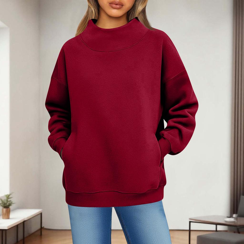 Women's Fashionable Casual Solid Color Round Neck Long Sleeved Pocket Sports Casual Pullover Sweatshirt Top