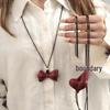 Wine Red Ribbon Heart Bow Pendant Necklace for Women - Luxury Long Sweater Chain