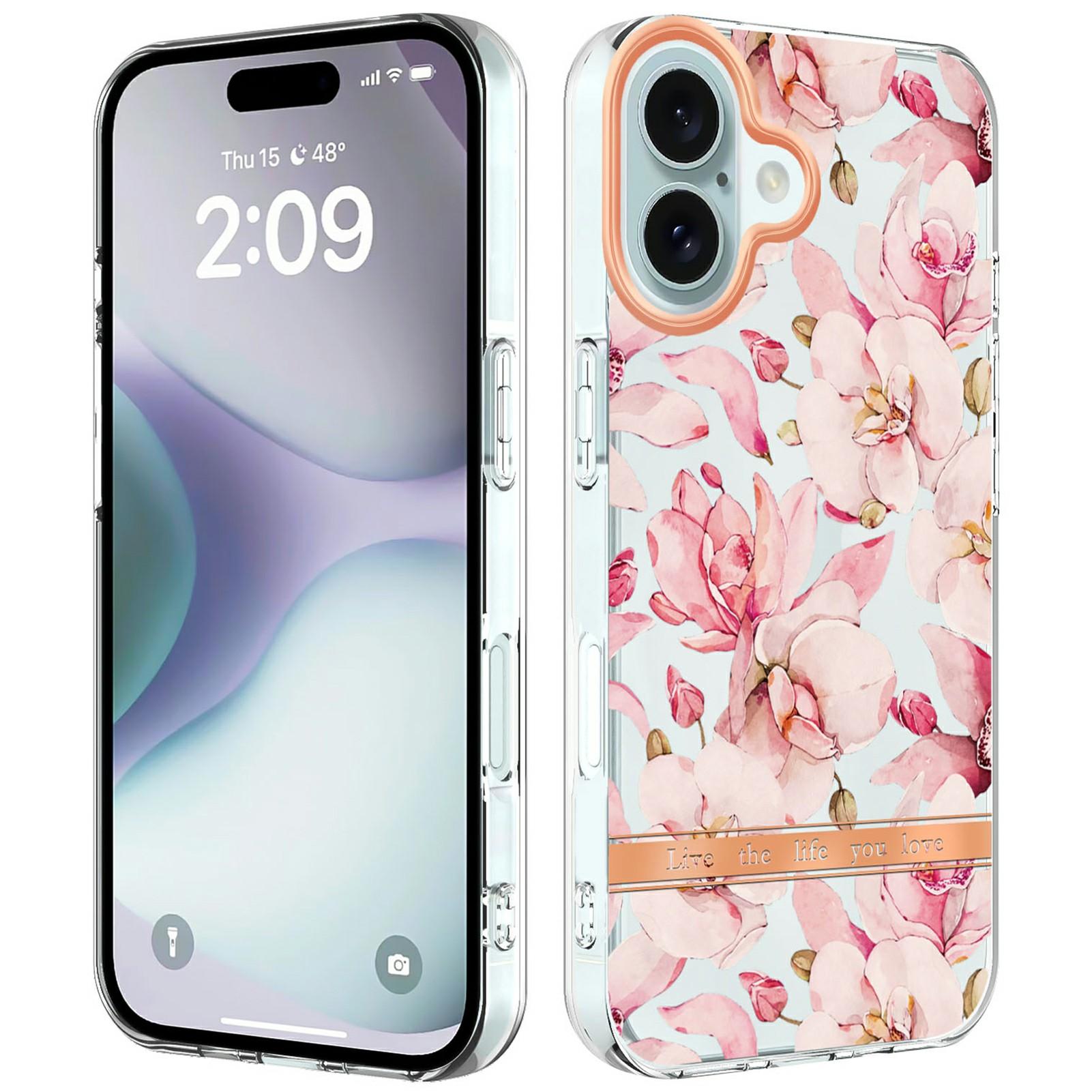 For iPhone 16 Plus Case IMD IML Flower Pattern Electroplated TPU Back Cover A