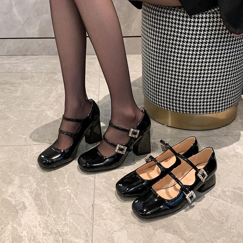 Fashion Women Double Buckle  Janes Shoes 2025 Spring New Patent Leather Dress High Heels Square Heel Thick Heel Diamond Single Shoes