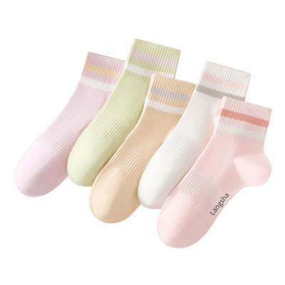 Langsha Women's Summer Cotton Antibacterial Deodorant Short Crew Socks, Breathable Sweat-Absorbing Mid-Calf Socks, 5 Pairs Pack