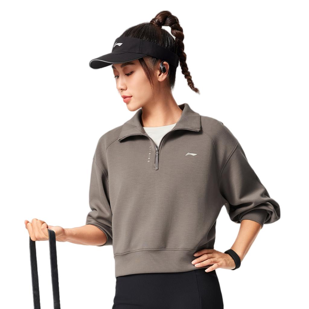 Li-Ning Sweatshirt Confortable Simple Col Montant Polyvalent Ample Couleur Unie Épaules Tombantes Manches Longues Femme sweatshirt AWDV510-4