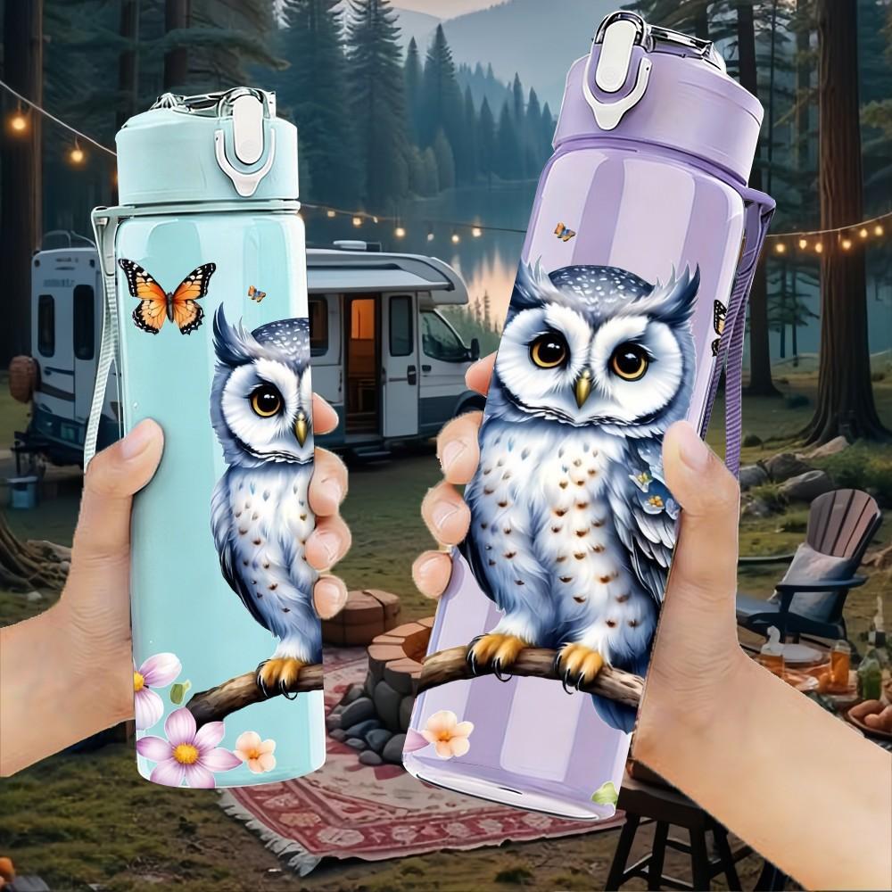 1PC Branch Perched Owl Spring Floral Nature Art 750ml Color Plastic Sports Water Bottle Leakproof Flip Straw Lid Suitable for Sports Office Home Use