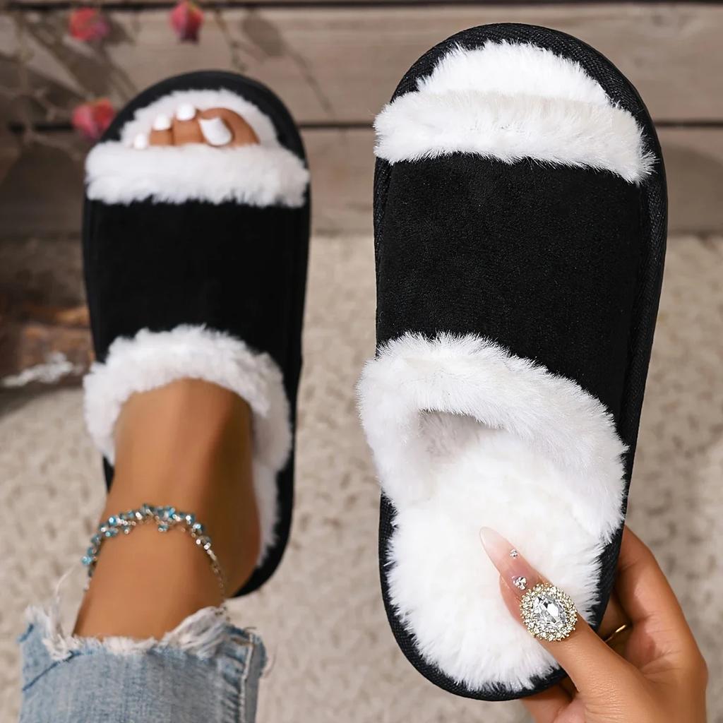 Fashion Woman Street Plush Fuzzy Open-Toe Slippers For Season Fashion Faux Fur Slides Women's Indoor Outdoor Memory Foam Soft Flat Shoes