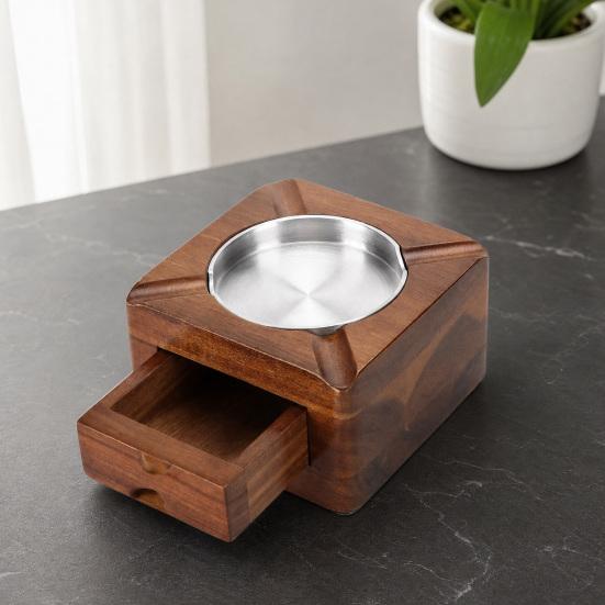 Yousheng Square Wooden Ashtray for Men, Non-slip Ash Holder with 4 Slots & Drawer, High Temperature Resistant Ashtray for Indoor Outdoor