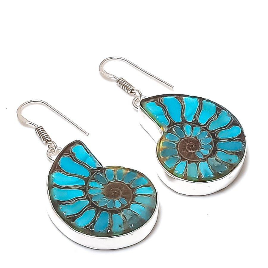 Natural Blue Titanium Ammonite 925 Sterling Silver Jewelry Earring 1.97  AE-11915