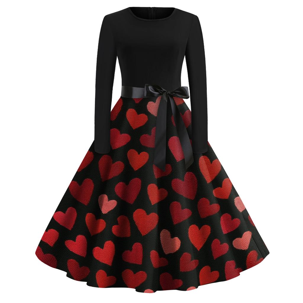 Women's Fashion Round Casual Slim Fit  Print Large Swing Long Sleeve Dress