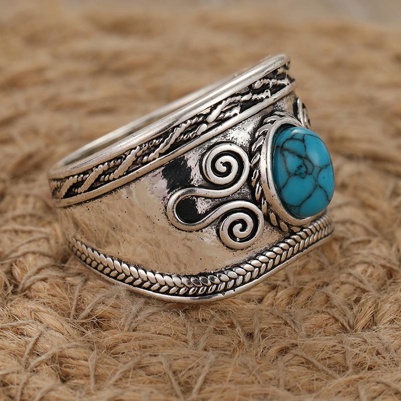 Ethnic CopperColor Inlaid Imitation Turquoise Women's Ring Geometry Daily Wear Party Jewelry