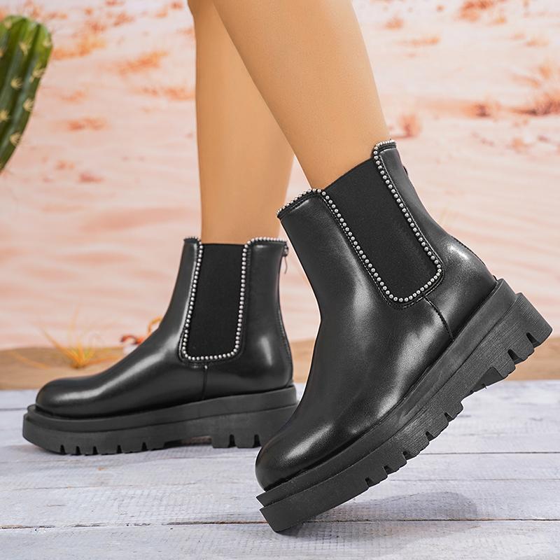 Metal Decoration Thick Sole Chelsea Boots Women Comfort Slip On Platform Ankle Booties Mujer Plus Size Pu Leather Boots Woman 42