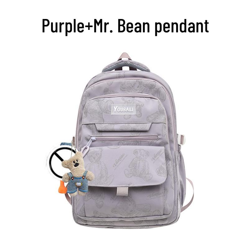 Large Capacity Bear Print Backpack for Students - Perfect for Middle, High School, and University Girls.