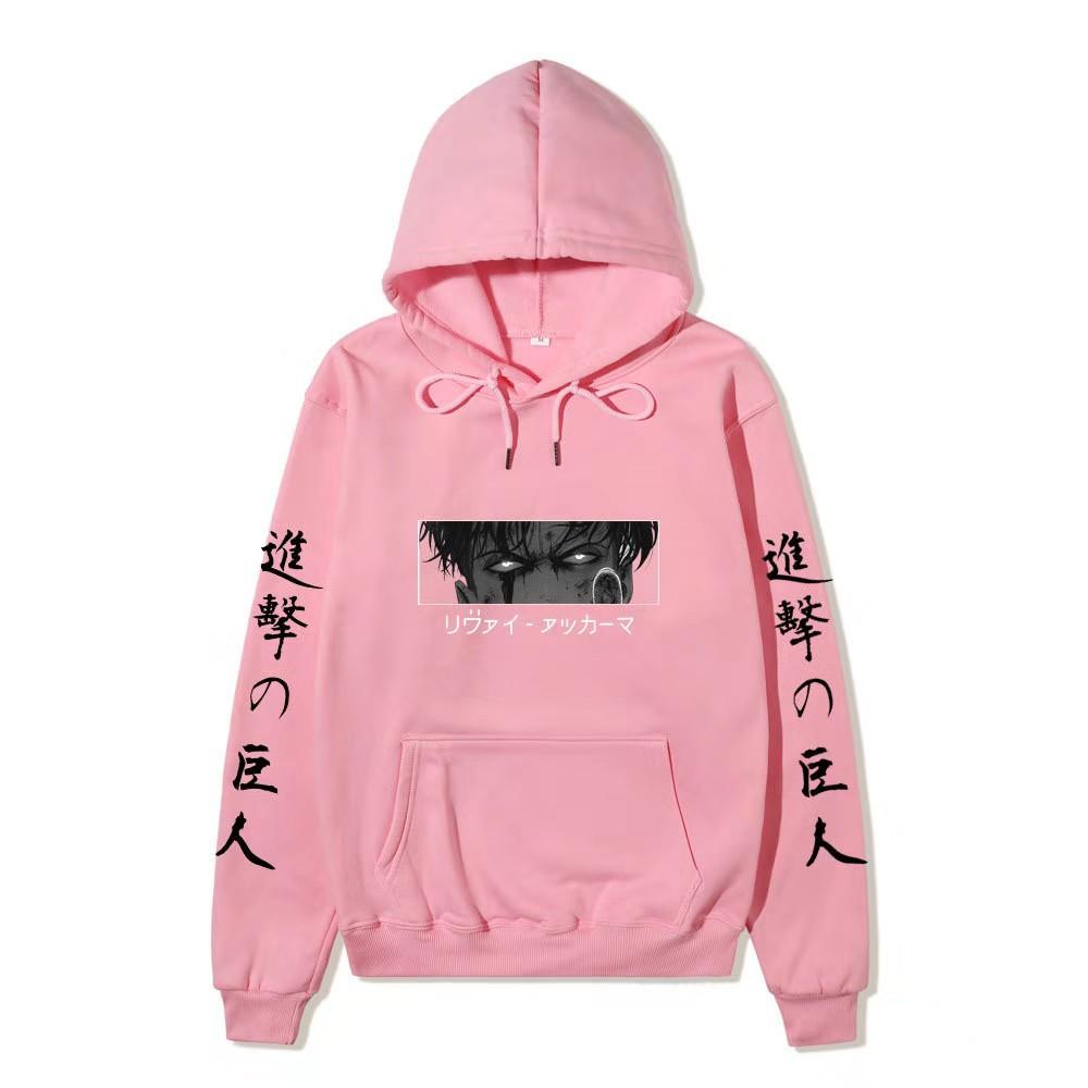 Anime Attack On Titan Levi Ackerman Hoodie, Double Sleeve Japanese Text Print Pullover Sweatshirt Long Sleeve Streetwear for Men Women