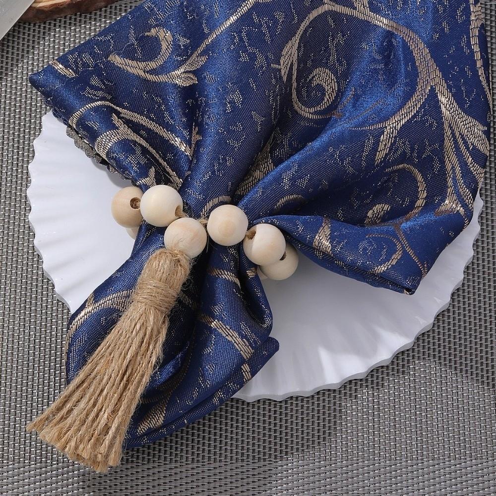 6 pieces Farmhouse Style Wooden Bead Napkin Rings Handmade with Tassel Napkin Holder Adjustable Napkin Buckle Home Decoration