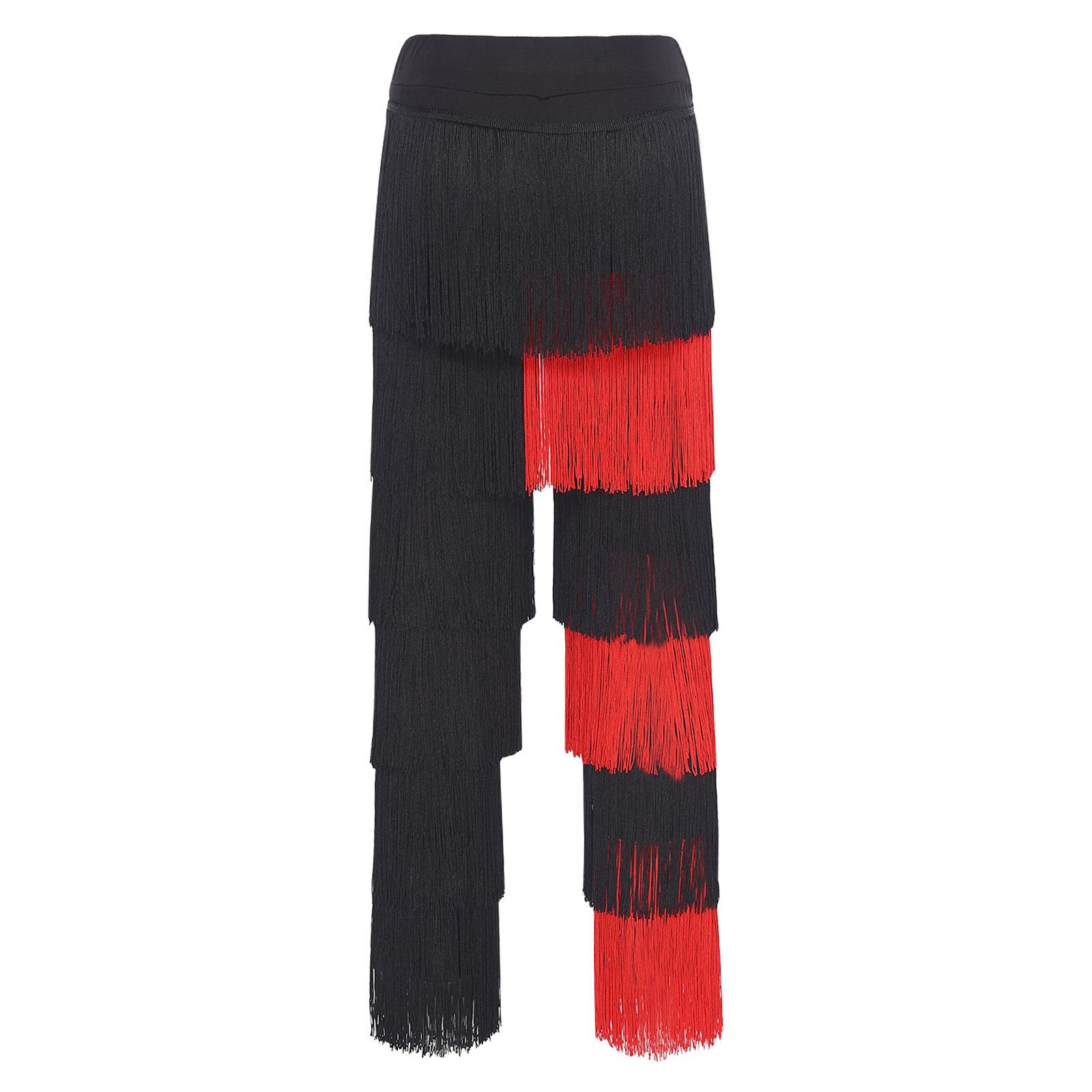 

Женские брюки для латиноамериканских танцев, эластичная талия, отделка бахромой, контрастный цвет, дизайн с кисточками, костюм для ча-ча, танго XXL красный/чёрный