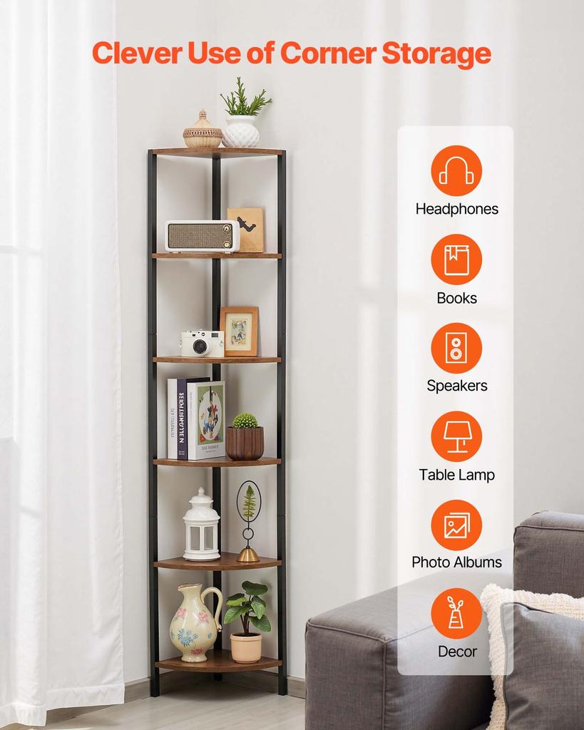 VEVOR 6 Tier Corner Shelf, Tall Corner Stand with LED Light, Wall Shelves Tower Storage Organizer with Metal Frame & Wooden Shelves