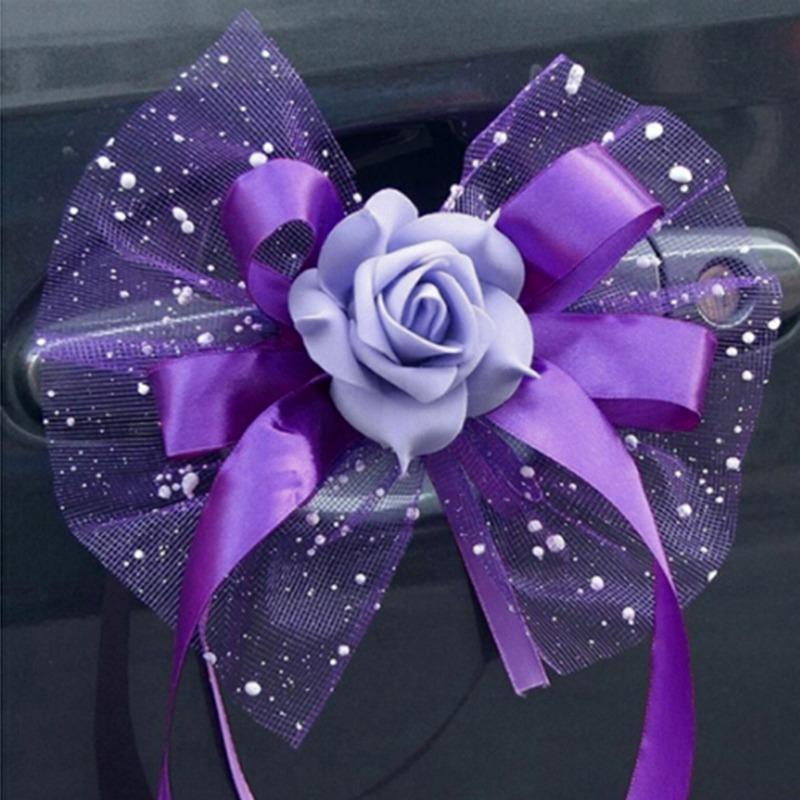Wedding Car Door Handle Flowers DIY Artificial Cars Rearview Mirror Bouquet Flower Bowknot Ribbon Decors Automotive Accessories