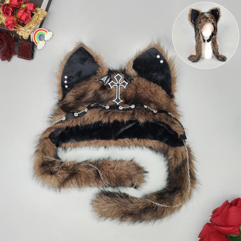 Dark Series Gothic Plush Hat Y2K Cross Metal Style Headwear Cosplay Cat Ear Hat Halloween Punk Rock Warm Cap For Women Men