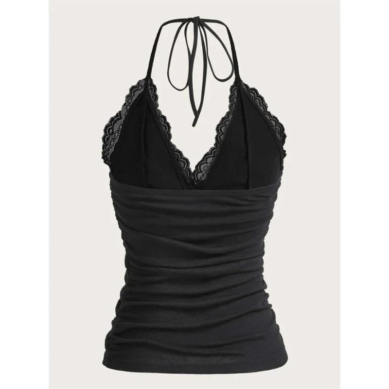 Spitze V-Ausschnitt Neckholder Top Damen Sommer Sexy Grunge Punk Goth Backless Ruched Crop Top Cami Top Streetwear Y2K Kleidung 2025