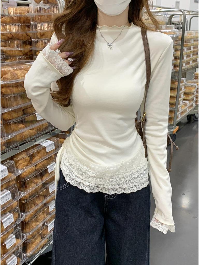 Korean Sweet Spicy Elegant Lace Long Sleeve T-shirt: Chic, Slimming, Versatile Women's Top for Autumn/Winter