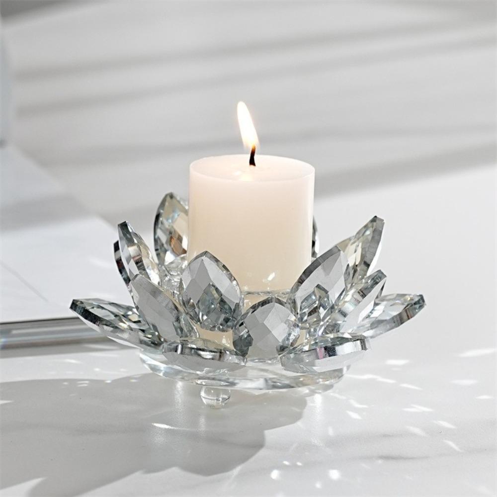 New Lotus Candle Holder Crystal Clear Figurines Tealight Candlestick Home Ornament Glass Everlasting Lamp Base Party Decor