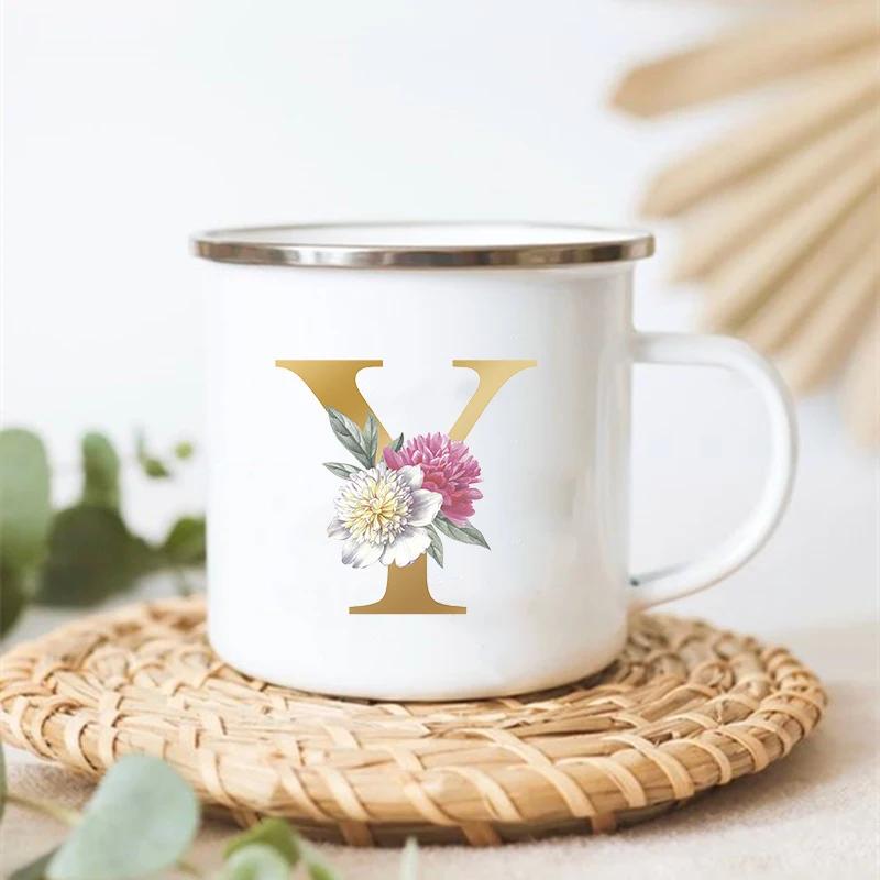 Letter Floral Print Vintage Enamel Mugs Creative Coffee Tea Cup Drink Dessert Milk Cups Handle Drinkware Wedding Bridesmaid Gift