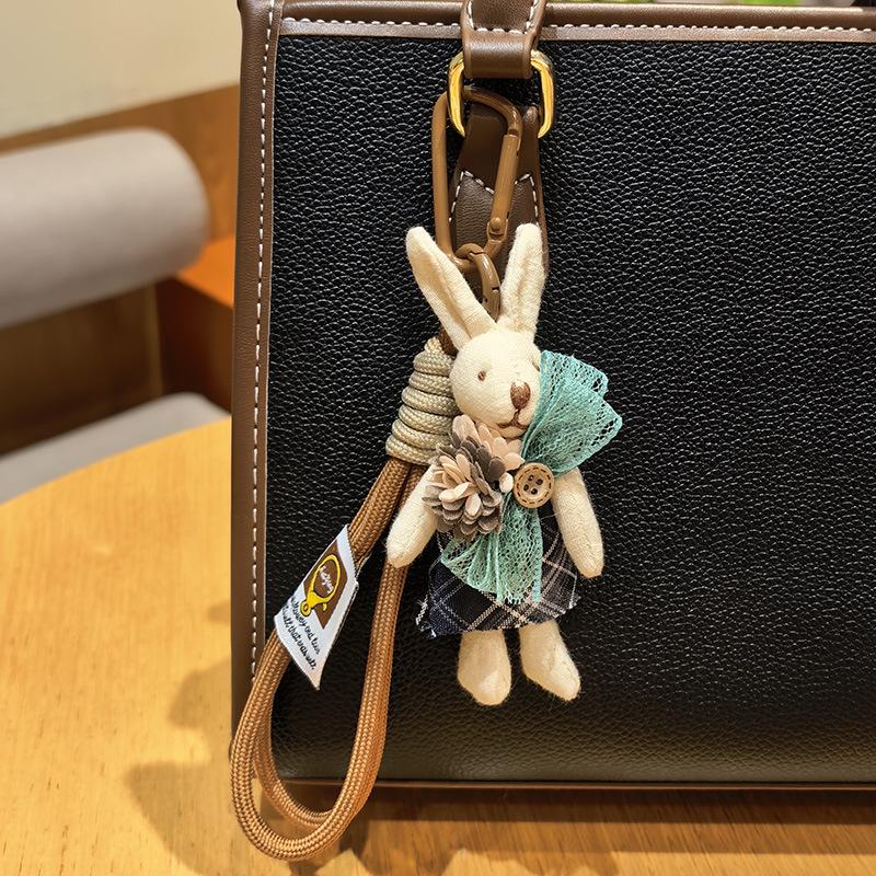 Cute Fabric Bunny Bag Charm, Handmade Plush Rabbit Keychain with Flower Dress & Braided Rope