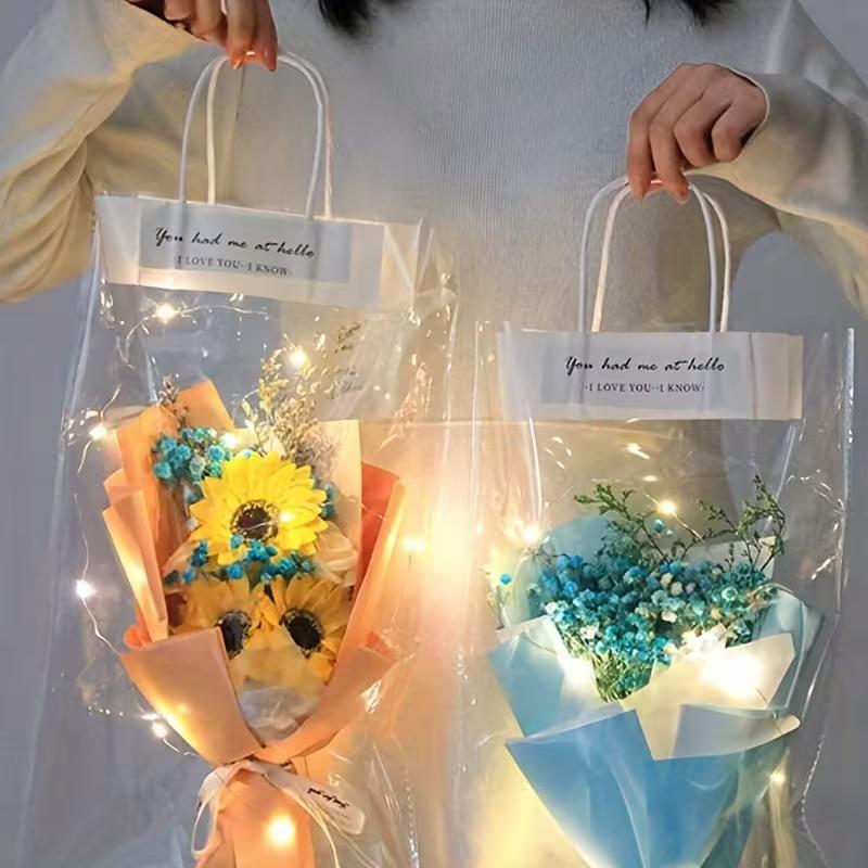 1-11pc Transparent Flower Bouquet Gift Bags Romantic Gift Tote Bag with Handle Florists Holiday Wedding Party Packaging Bags