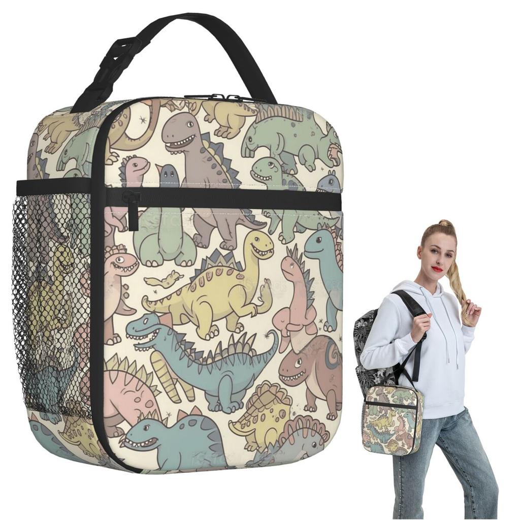 Cartoon Helle Farbe Dinosaurier Muster Isolierte Lunchtasche für Damen Kinder Auslaufsichere Lebensmittelboxen Thermische Lunchbox Tragetasche